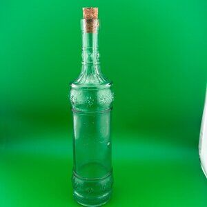 DECORATIVE GLASS BOTTLE w/CORK, LIGHT GREEN, ROUND, RAISED DESIGN, 12" TALL